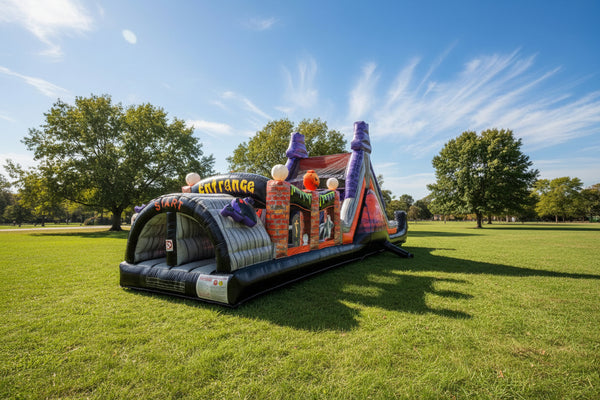 A Halloween-themed inflatable bounce house with a gray and black tunnel entrance labeled 'START' and 'Entrance' in yellow, orange brick-style walls, purple climbing walls, and orange decorative details, shown on a plain white background.